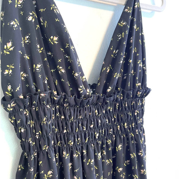 Shein Floral Print Smocked Waist Mini Dress | Black Size M - Picture 2 of 6